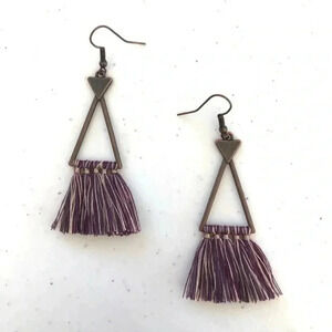 Purple & Beige Double Triangle Boho Bronze Tassel Drop Earrings NWT